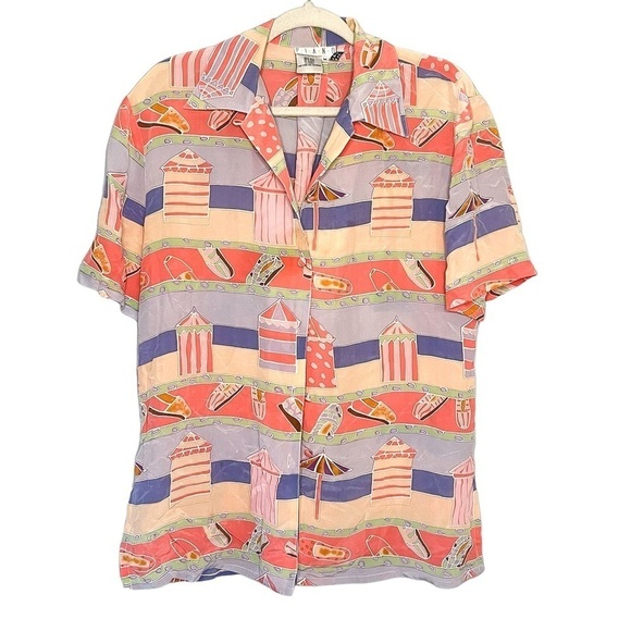 Vintage Piano Silk Beach Graphic Button Down Shirt Medium - Picture 1 of 6